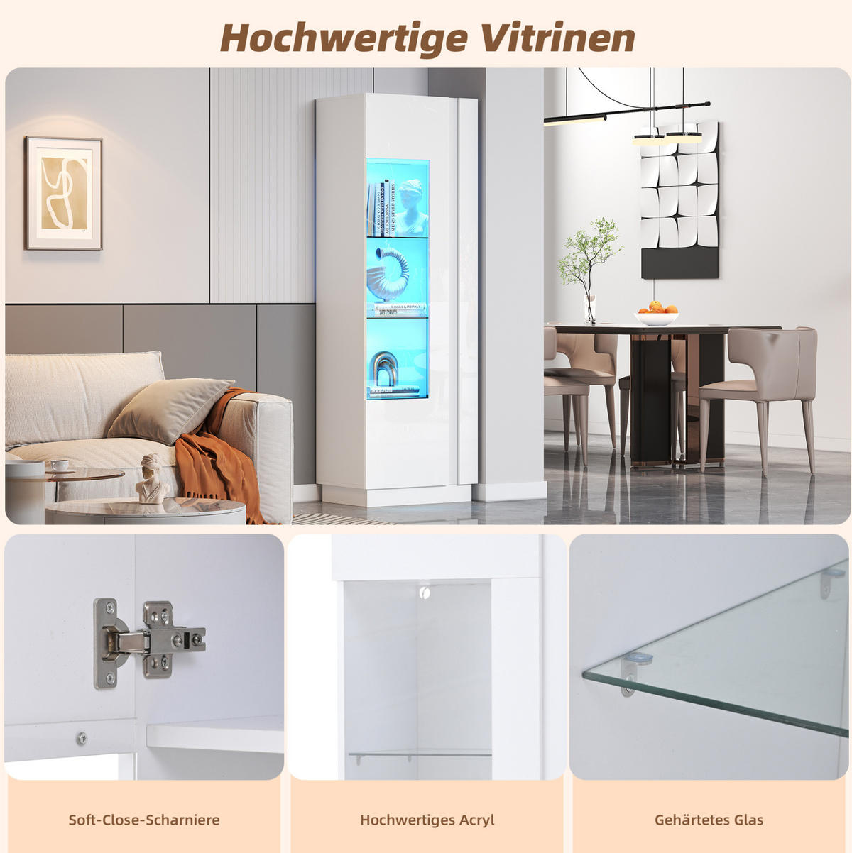 VITRINE 60/40/180 cm aus Holzwerkstoff mit Acrylfront, LED-Beleuchtung und Hochglanzfront Weiß - Weiß, Holzwerkstoff (60/180/40cm) - Modenvie