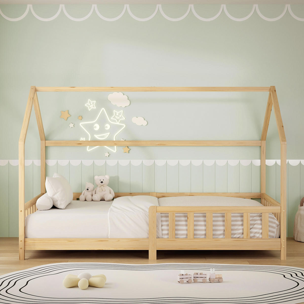 DĚTSKÁ POSTEL 120x200 cm s matrací a bočnicí z přírodního borového dřeva - přírodní, dřevo (120/200cm) - ML-DESIGN