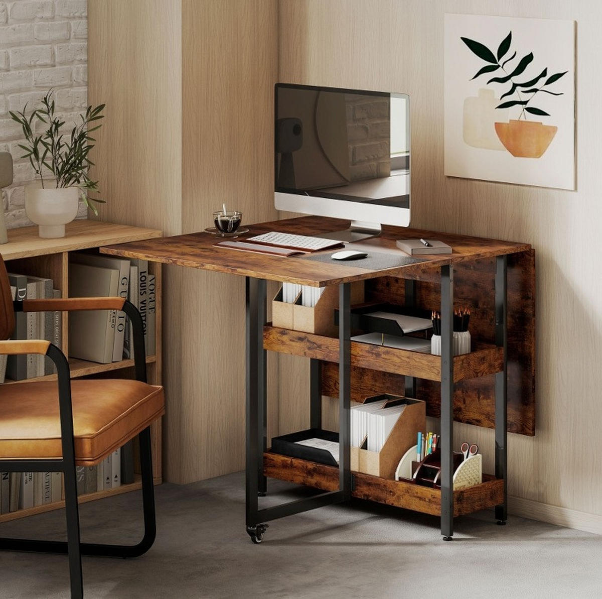 KLAPPTISCH 133,4/80/75 cm mit Ablagen und Rollen – platzsparend für 2–4 Personen - Braun, Holz (133.4/80/75cm) - BEAOK