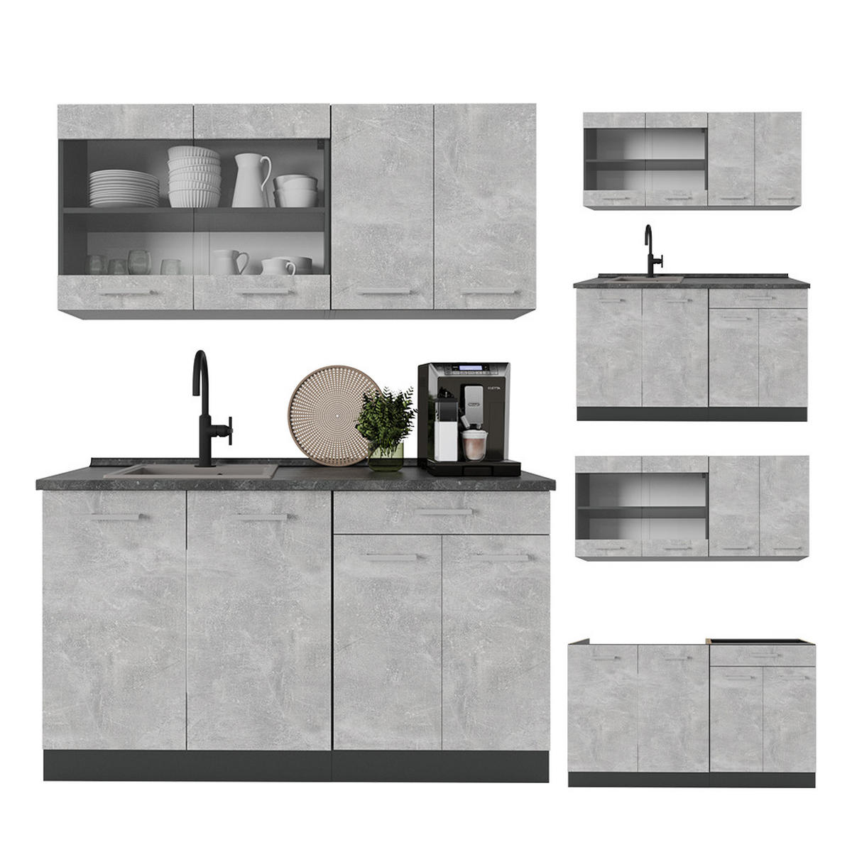 SINGLEKÜCHE R-Line Beton/Anthrazit 140 cm ohne Arbeitsplatte - Schieferfarben/Anthrazit, Holzwerkstoff (140/81.6/46cm) - Vicco