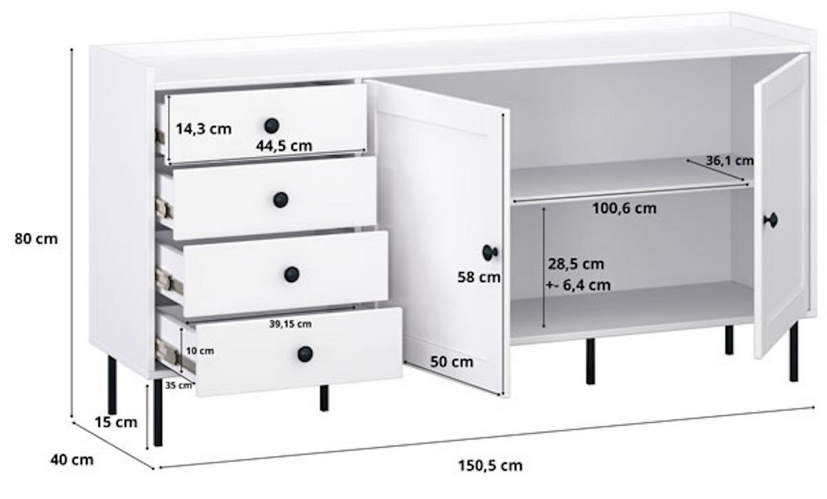 KOMMODE IDO weiß 151 / 40 / 80 cm - Weiß, Holz/Holzwerkstoff (151/80/40cm) - Feldmann-Wohnen