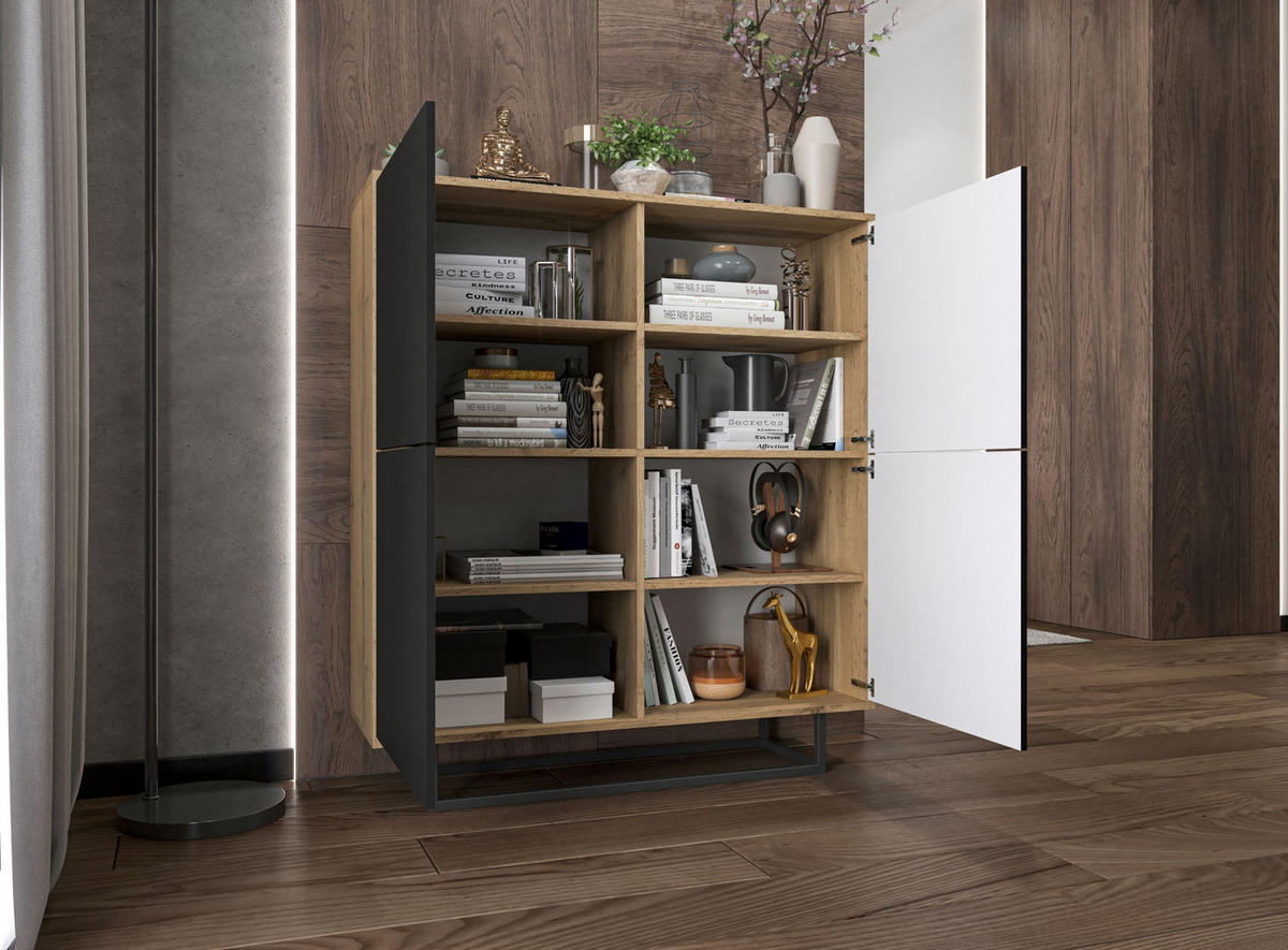 KOMMODE Apollo 4D Eiche wotan Schwarz Matt 113 cm - Schwarz, Holzwerkstoff/Metall (113/127/35cm) - Meble Lindner