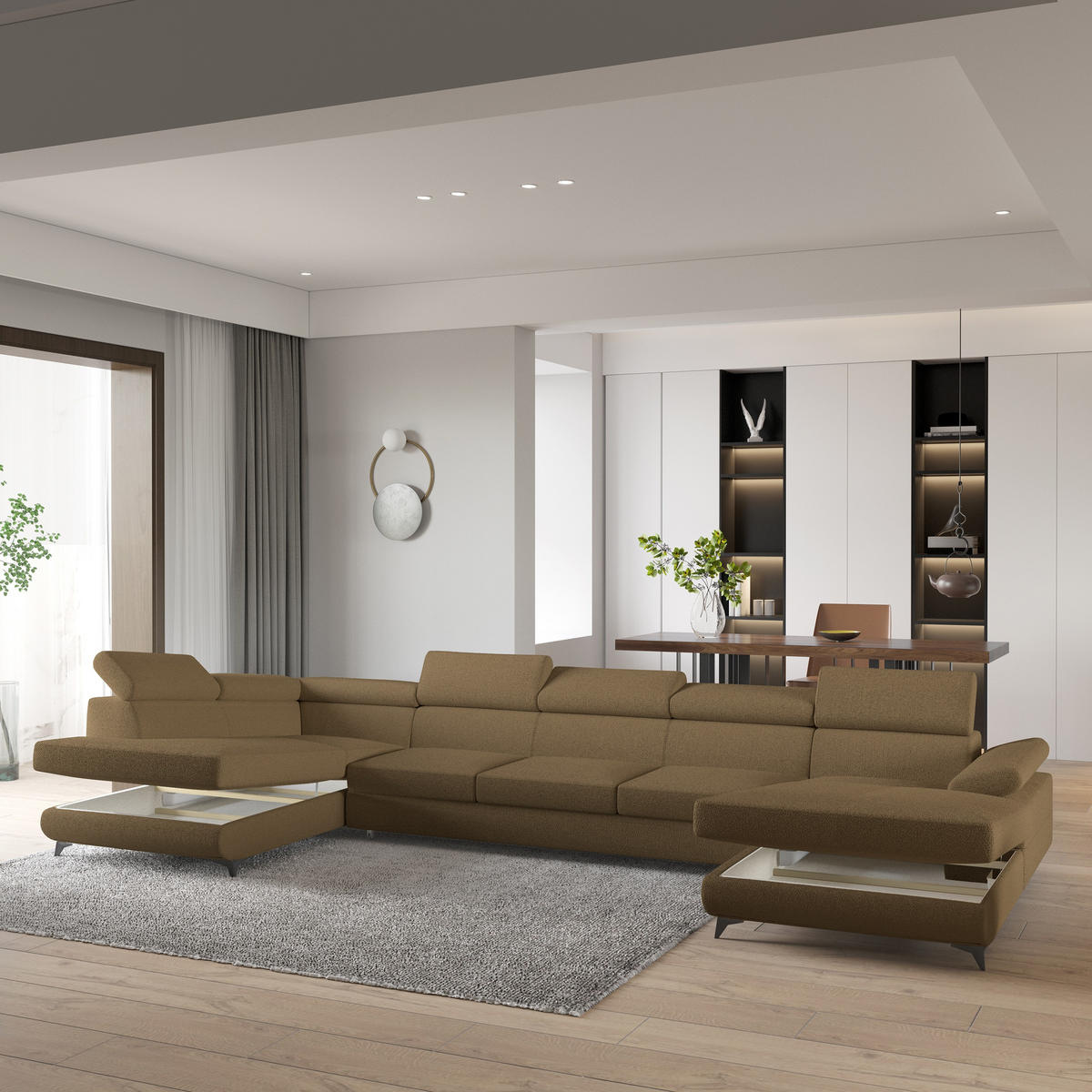 WOHNLANDSCHAFT MONTIVA Orange Boucle-Stoff mit Schlaffunktion - Orange, Holz (410/89/190cm) - MASSENO