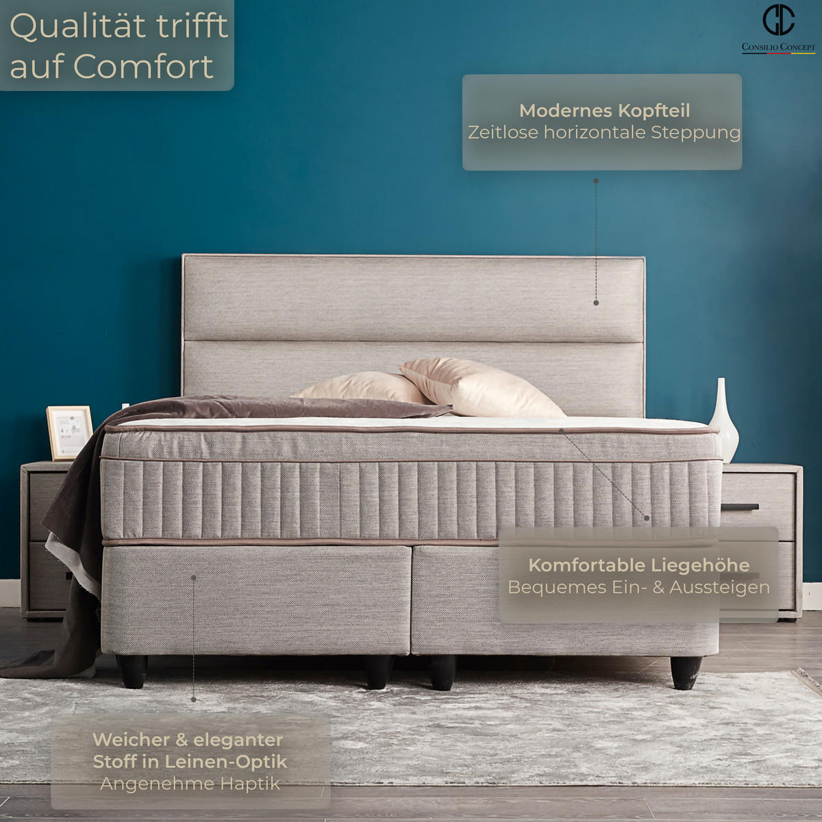 BOXSPRINGBETT MIT BETTKASTEN SEVILLA 140/200 cm, Grau, Bettkasten, Matratze, Topper integriert, H3 mittel 7-Zonen Matratze - Schwarz/Grau, Holz/Kunststoff (140/200cm) - Consilio Concept