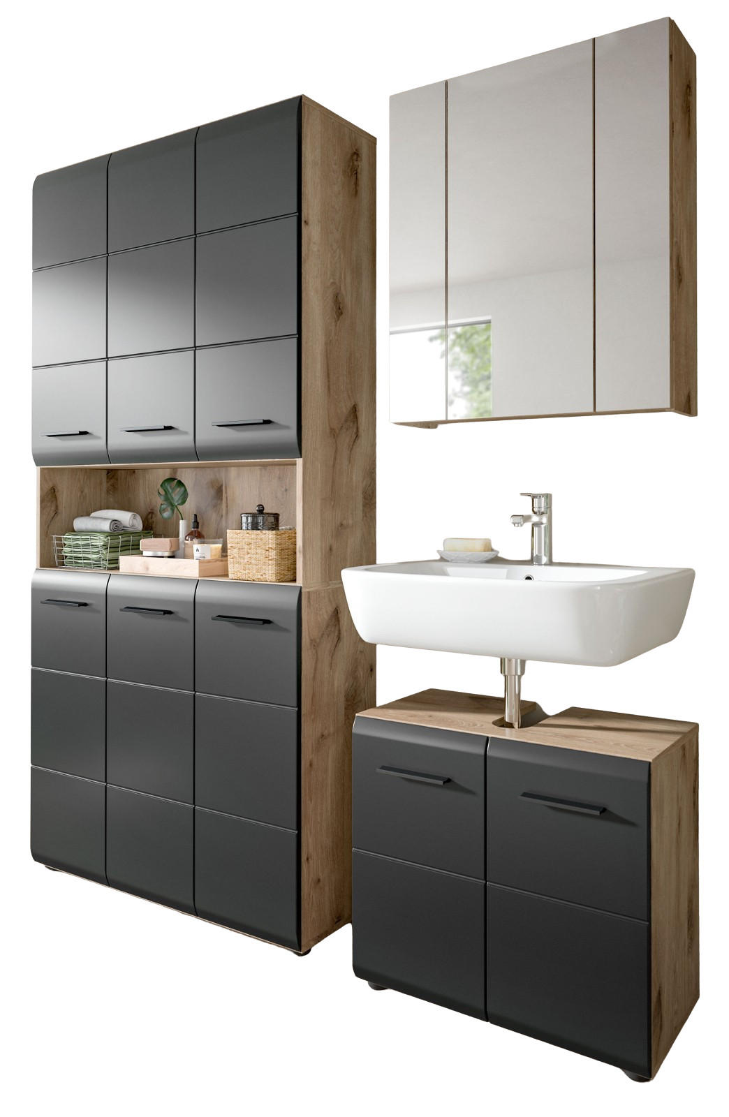 BADMÖBEL-SET schwarz matt, Nox Eiche 3-teilig, Komplettset mit viel Stauraum - Eichefarben/Schwarz, Glas/Holzwerkstoff (165/185/30cm) - Inn.Furn