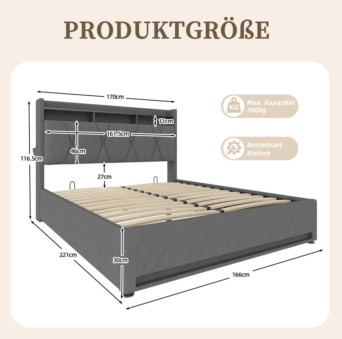 POLSTERBETT 160/200 cm mit LED-Beleuchtung, USB- und Type-C-Anschluss, Stauraum-Kopfteil und Bettkasten, Dunkelgrau - Dunkelgrau, Textil (160/200cm) - Redom