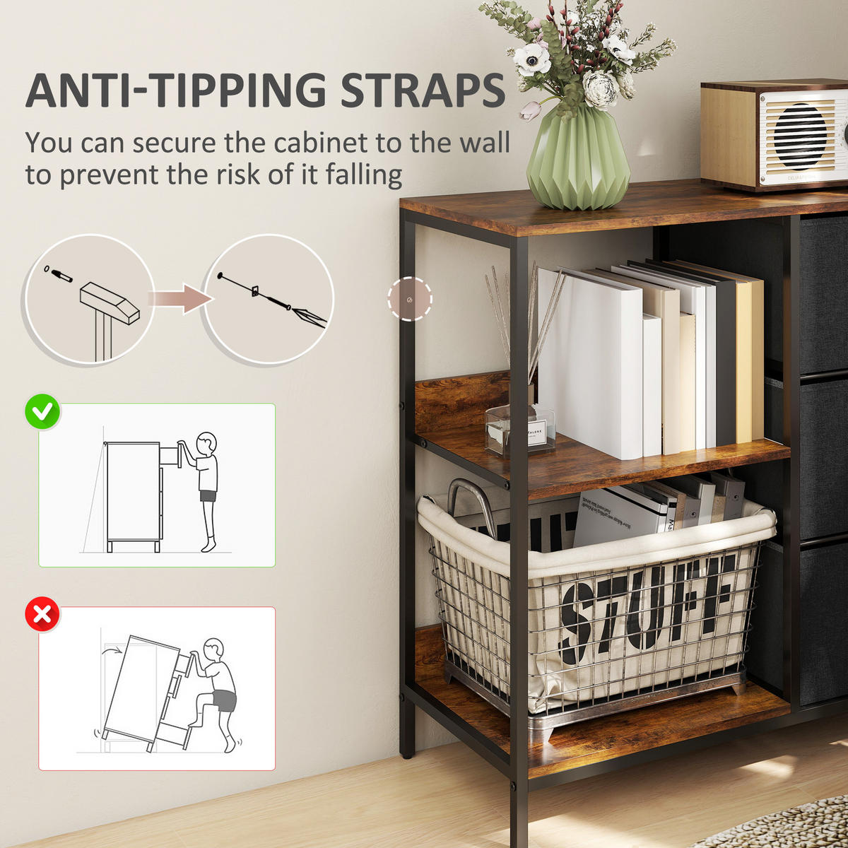 KOMMODE mit 3 Stoff-Schubladen, 2 offenen Regal, Braun - Multicolor, Textil (29/71/80cm) - HOMCOM