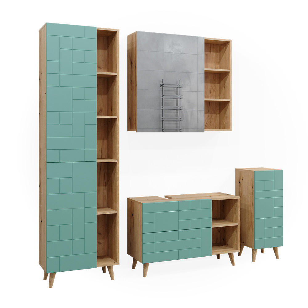 BADMÖBEL-SET Rudi Mintgrün 4 Teile, mit Hochschrank - Eichefarben/Mintgrün, Holzwerkstoff (90/59/32cm) - Vicco