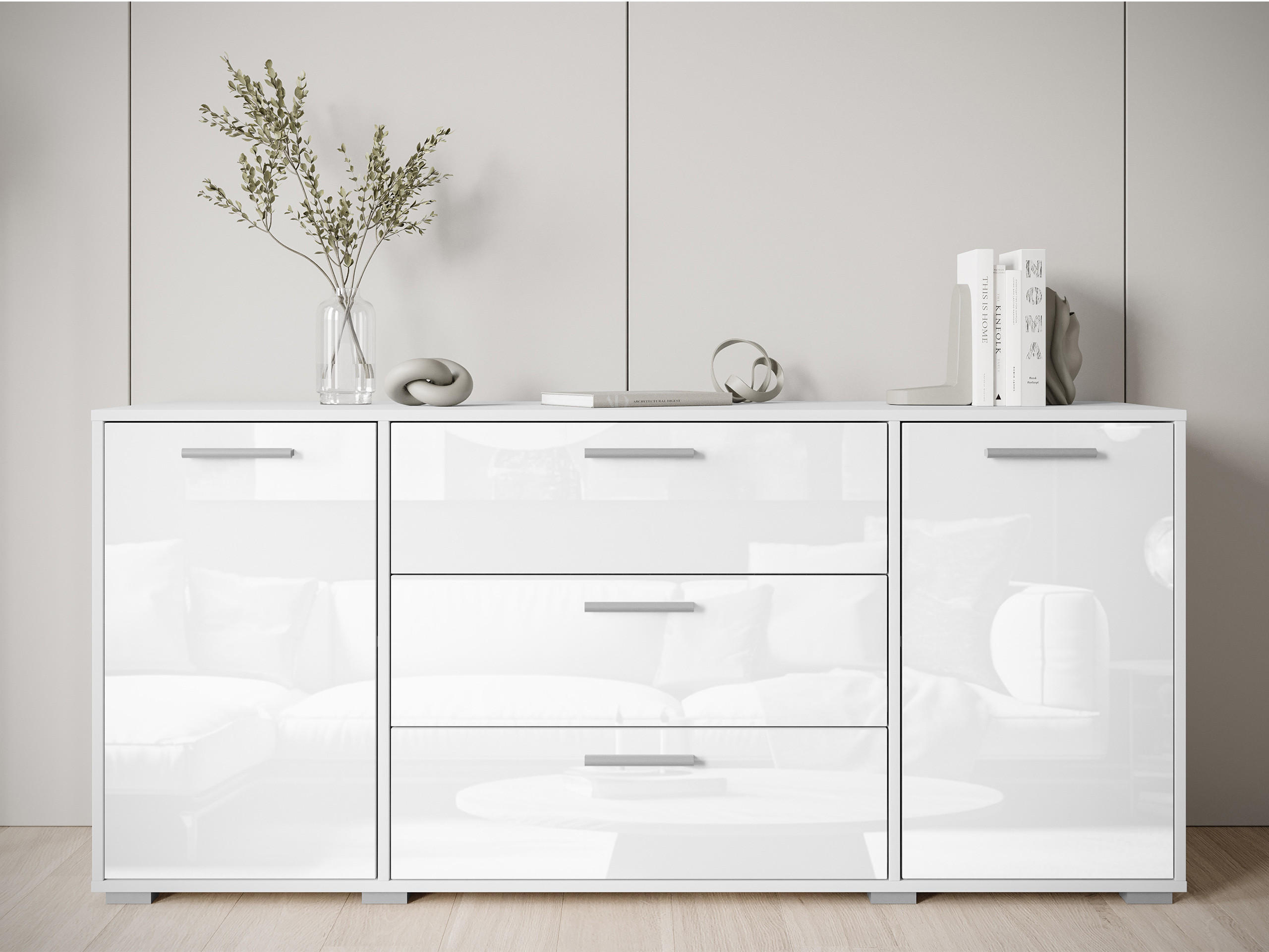 SIDEBOARD Bogota 150 - Weiß Hochglanz/Silberfarben, Holzwerkstoff/Kunststoff (150/68/40cm) - MIRJAN24