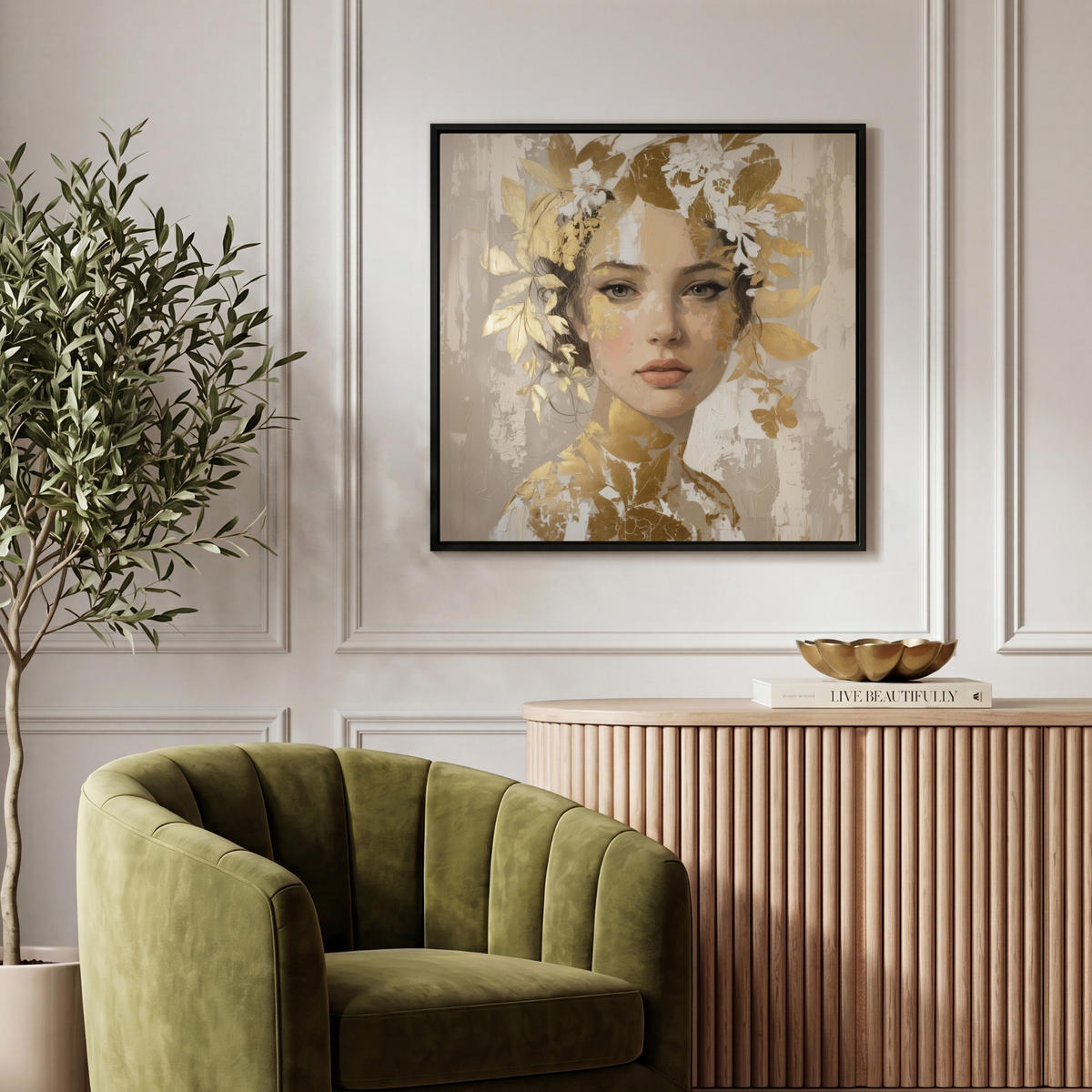 LEINWAND Bilder mit Rahmen - Gesicht - Frau - Blätter - Gold - 50x50 - Beige, Textil (50/50cm) - MuchoWow