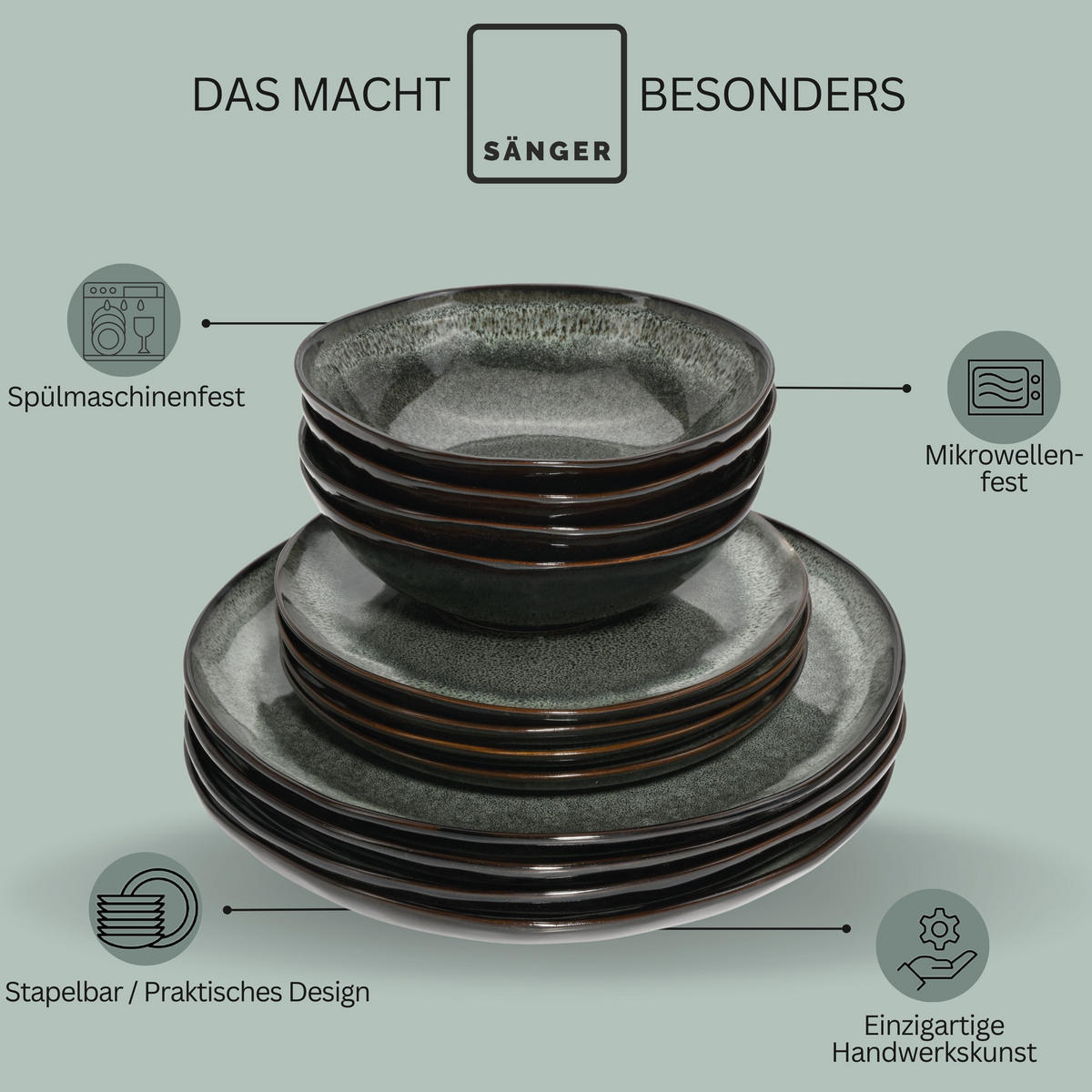 TAFELSERVICE KOPENHAGEN - 24 teilig aus Steingut - Grau, Stein (74/76/76cm) - Sänger