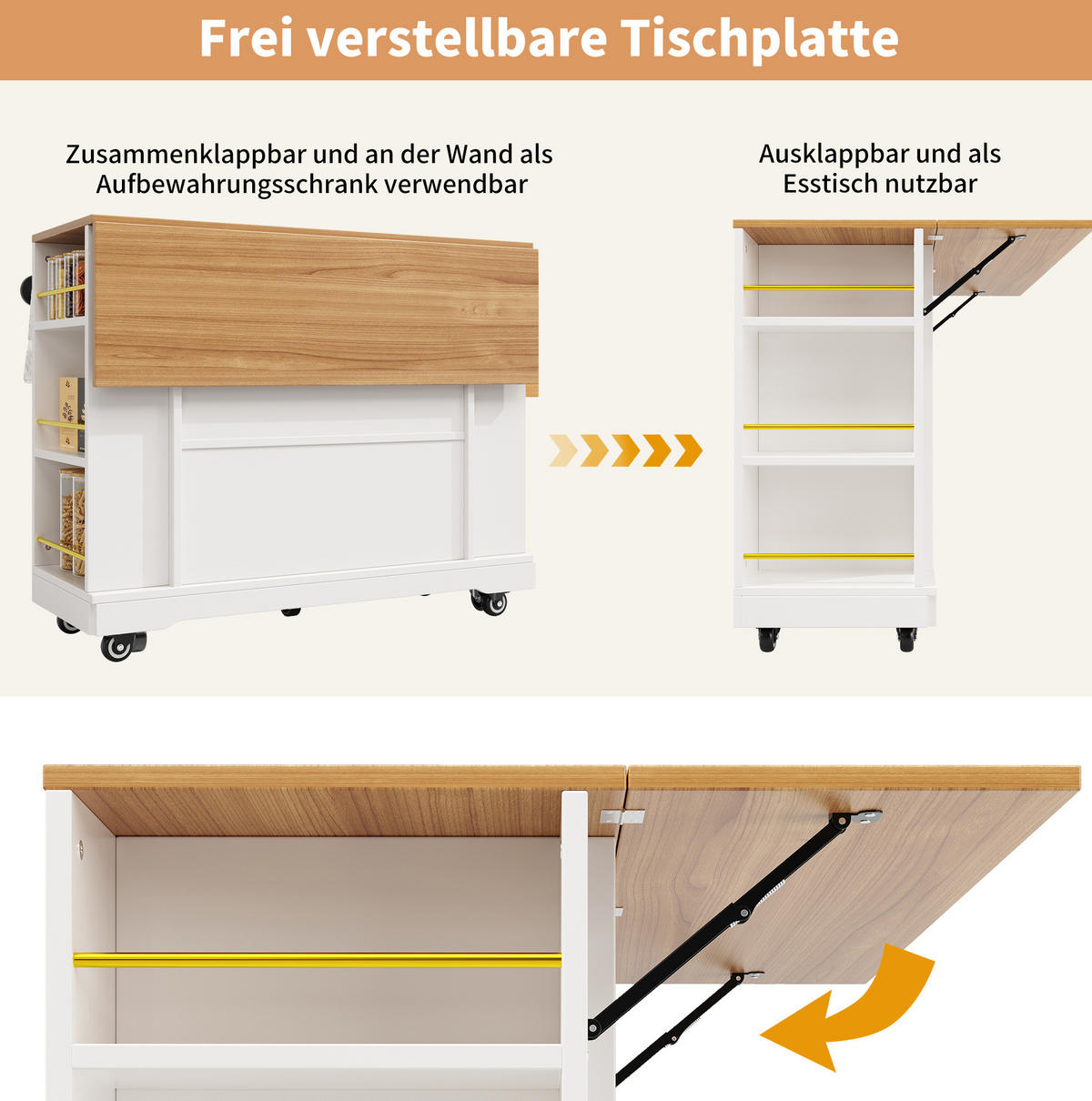 KUHINJSKI otok 120/40/90 cm z zložljivo ploščo, 2 predaloma in MDF korpusom, Bela - bela, leseni material (120/90/65cm) - Redom