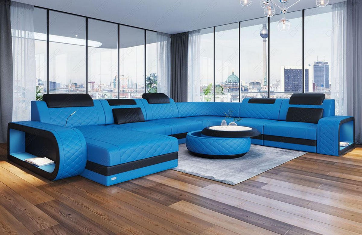 WOHNLANDSCHAFT Berlin U-Form Mini Blau Schwarz Kunstleder - Blau, Textil (362/80/264cm)