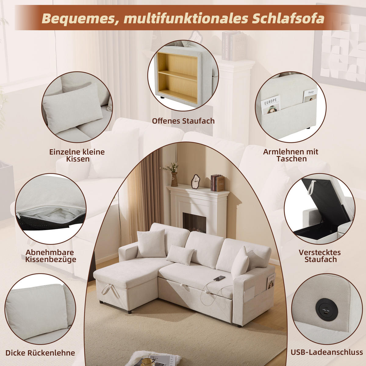 ECKSOFA Eckschlafsofa Stoff mit USB-Anschluss und Stauraum Beige 214/131/87 cm - Beige, Textil (87/131cm) - Redom