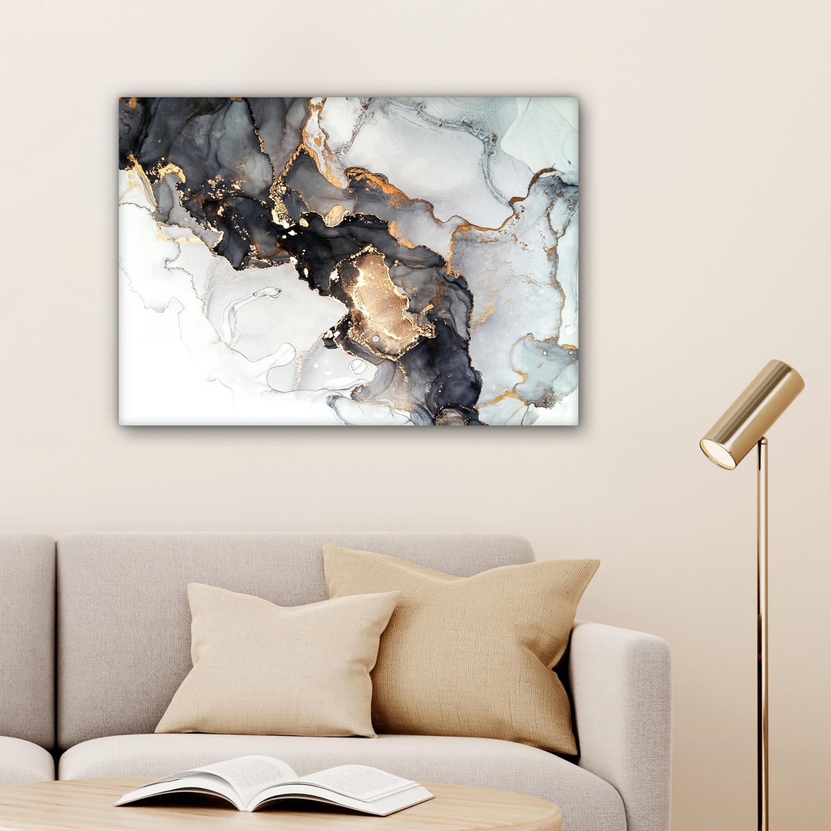 LEINWANDBILD Marmor - Schwarz - Weiß - Gold - Luxus - Abstrakt Wandbilder 80x60 cm - Goldfarben, Textil (80/60cm) - MuchoWow