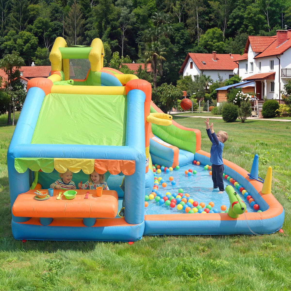 HÜPFBURG Wasserpark 360x350x210 cm Basketball - Multicolor, Textil (350/360/210cm) - LEBENLANG
