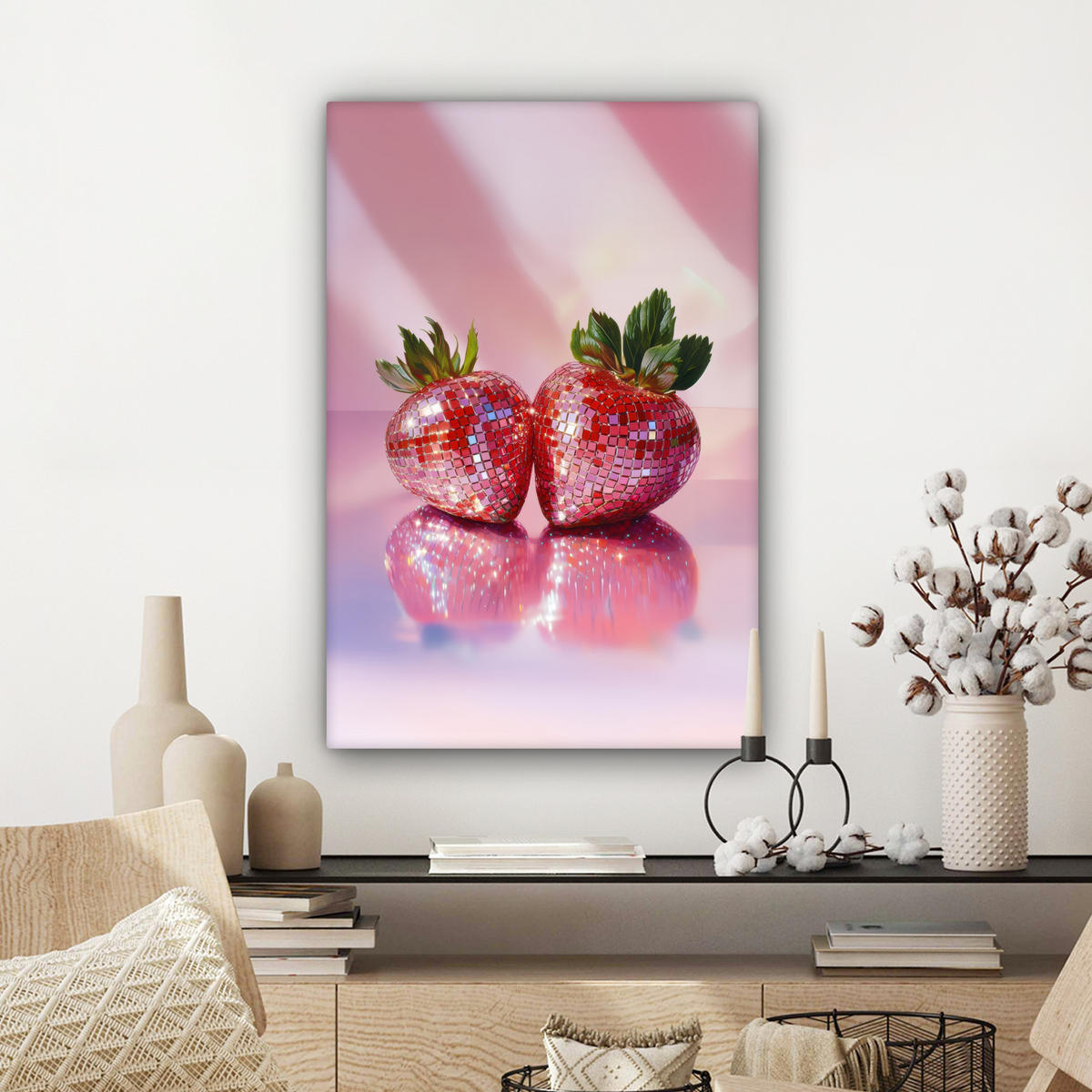 LEINWANDBILD Disco - Obst - Glitzer - Erdbeere Wanddeko Schlafzimmer 60x90 cm - Pink, Textil (60/90cm) - MuchoWow