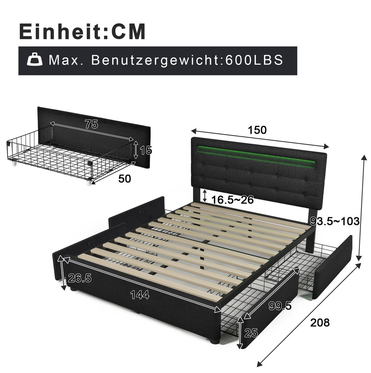BETT mit LED und 4 Schubladen 140x200 cm Leinen Schwarz - Schwarz, Metall (140/200cm) - Meubliv