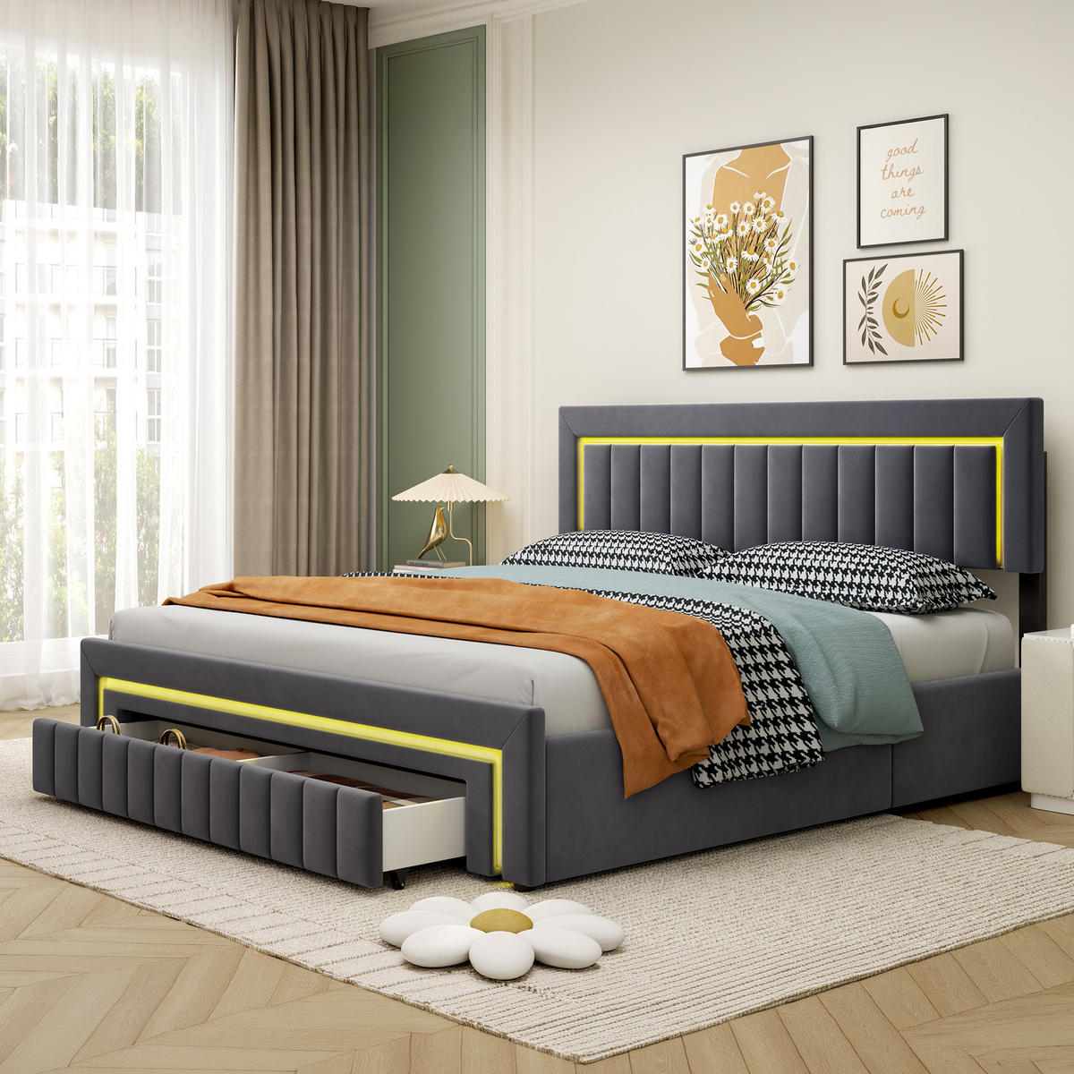 POLSTERBETT 160/200 mit Matratze und Bettkasten, mit Schubladen und LED, in Grau - Grau, Holzwerkstoff/Textil (160/200cm) - STILVORA