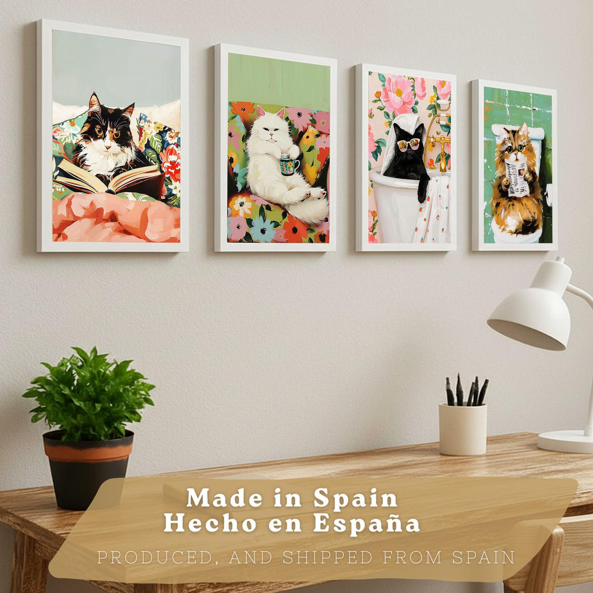 PLAKAT Sada 4 Kočky A4 Bílý rám - bílá, papír (29.7/1/21cm) - Nacnic