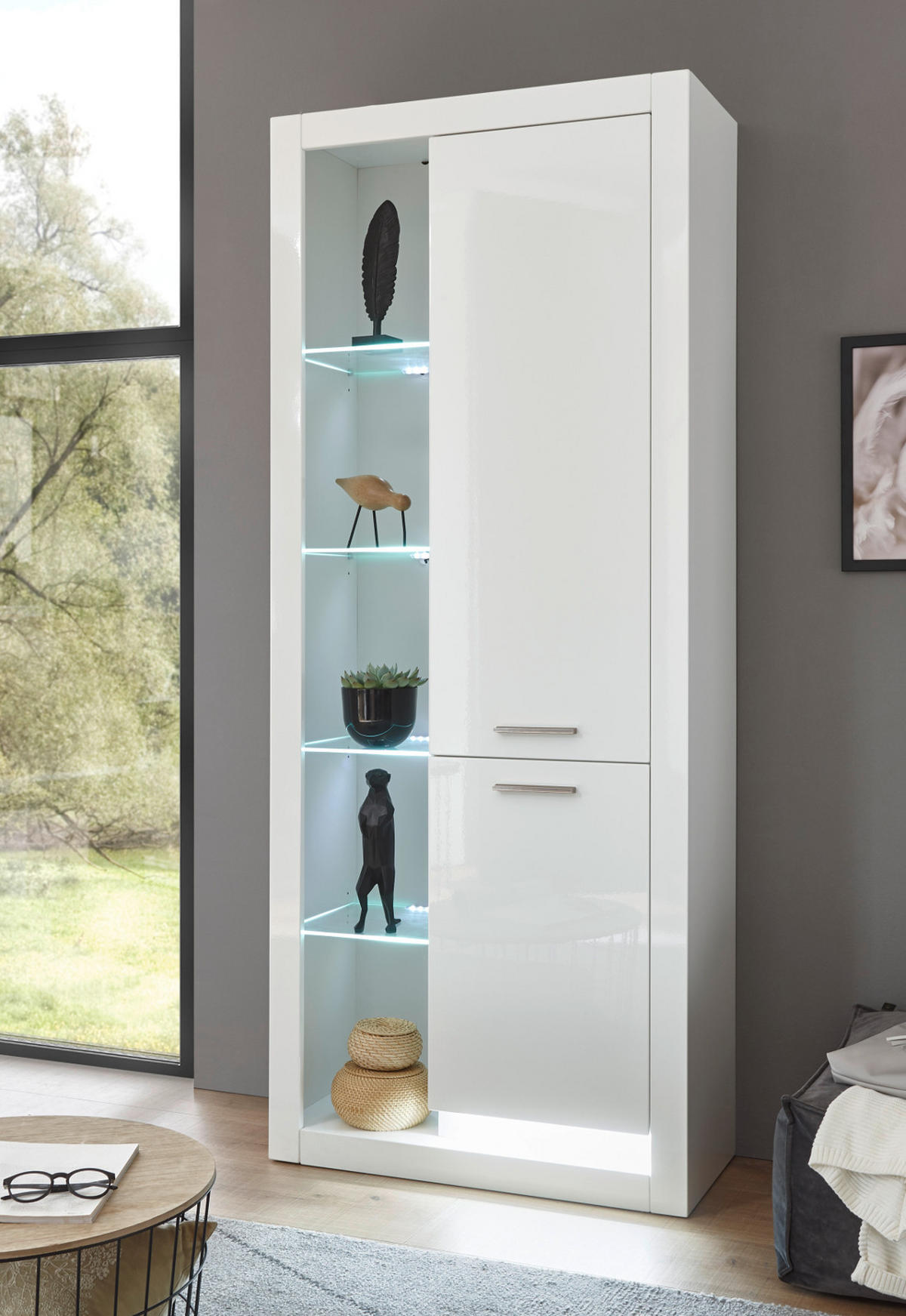 VITRINE weiß Hochglanz 80 x 195 cm, Vitrinenschrank mit 10 Fächern - Weiß Hochglanz/Silberfarben, Glas/Holzwerkstoff (80/195/37cm) - Furn.Design