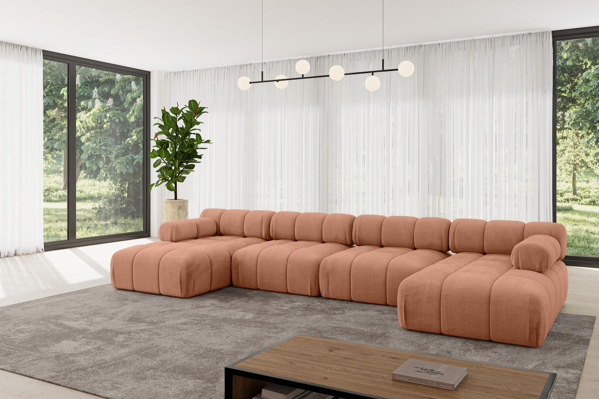 WOHNLANDSCHAFT modulares Sofa Tesso-U2 - 380x160x70 cm Apricot Velours - Koralle, Holzwerkstoff/Textil (380/70/160cm) - ALTDECOR