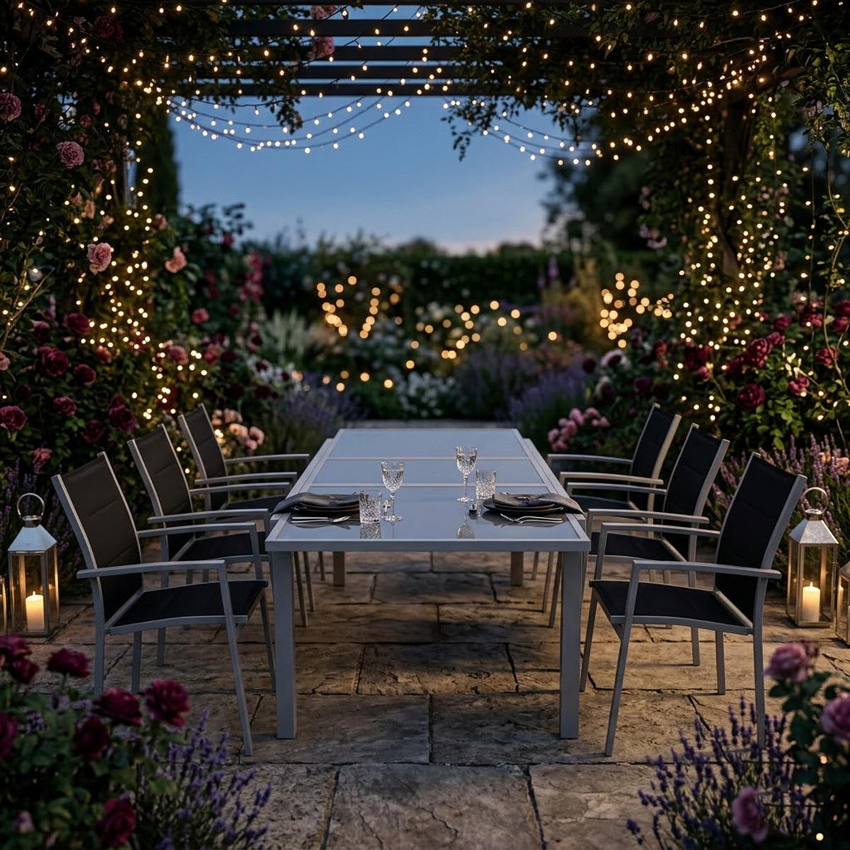 GARTEN-GARNITUR Ashford - 7-teilige Garten-Essgruppe (6x Stapelsessel mit Aluminiumgestell, Bespannung Textillehne schwarz, Ausziehtisch - Schwarz, Metall - TPFGarden