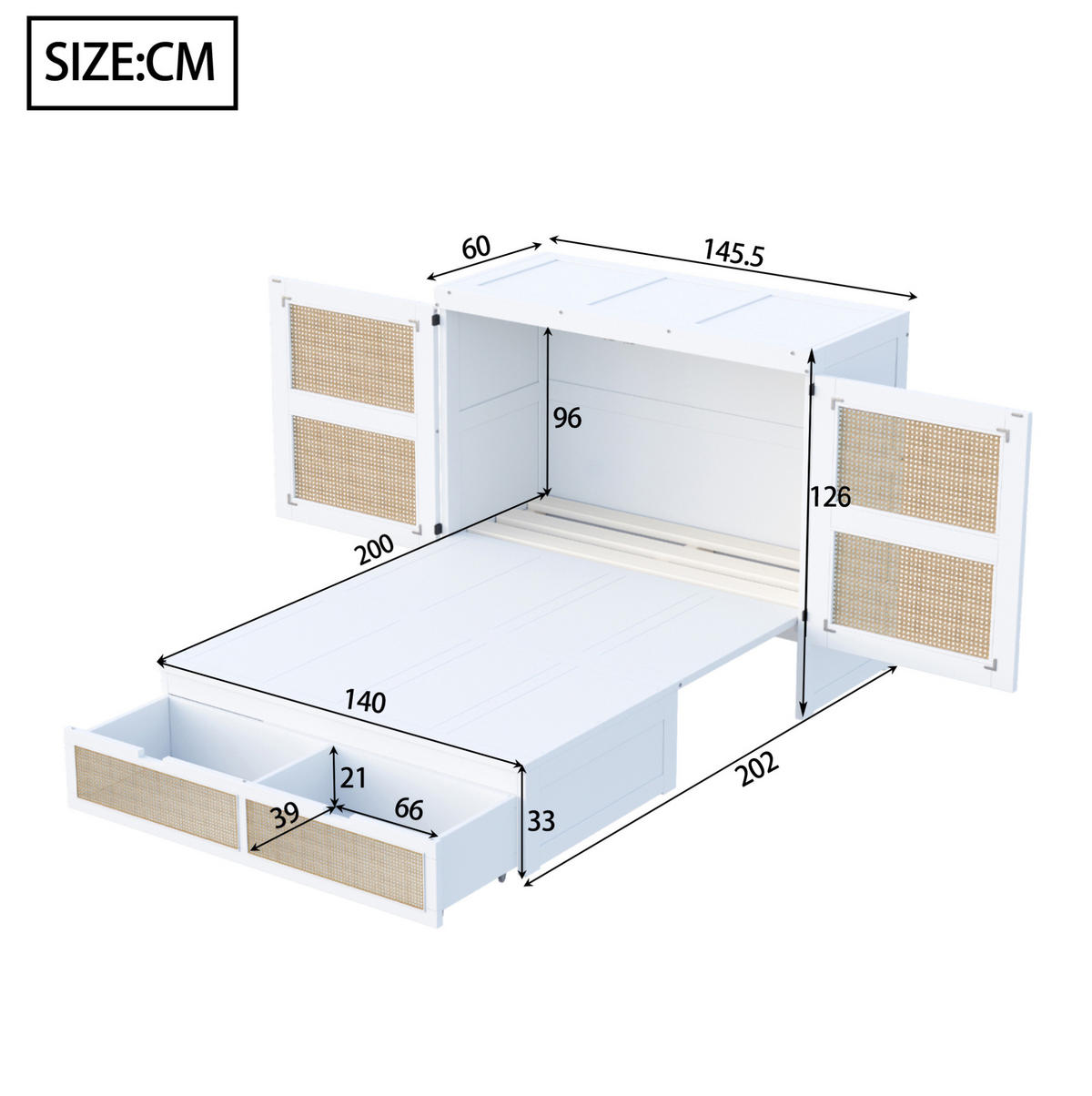 MULTIFUNKTIONSBETT 140/200 cm Weiß Rattan-Design mit Stauraumschubladen aus Holz - Weiß, Holzwerkstoff (140/200cm) - OKWISH
