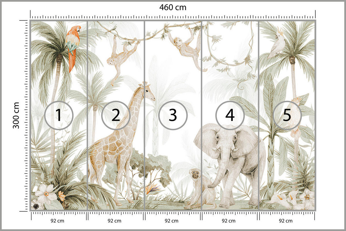 FOTOTAPETE für Kinder wilde TIERE tropische Pflanzen Retro 460x300cm - Beige/Rot, Papier (460/300cm) - Muralo