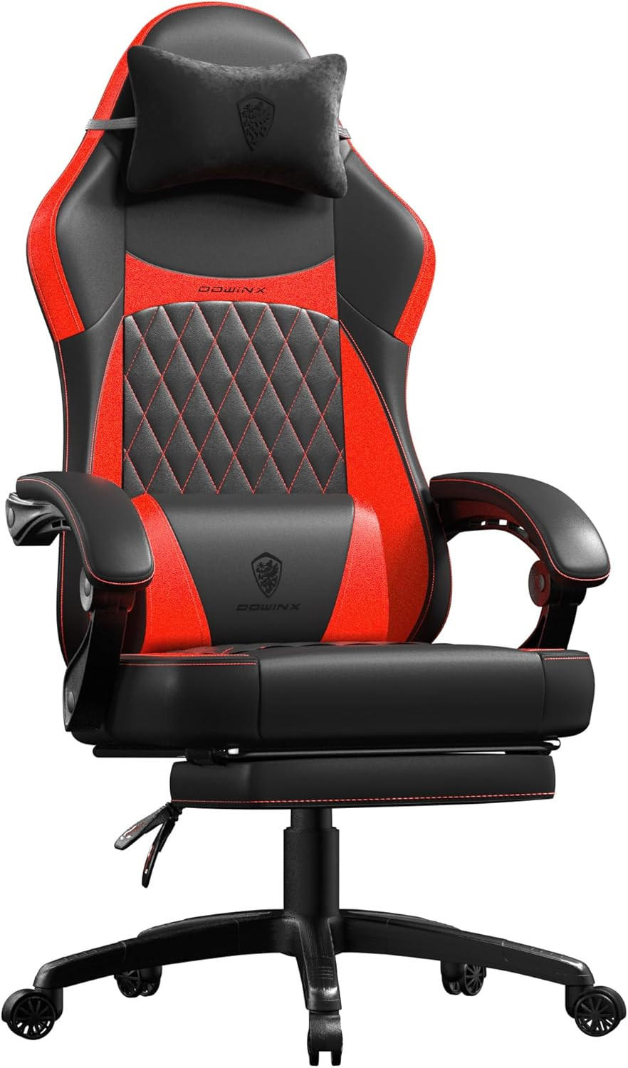 GAMING-STUHL ergonomischer mit Lendenwirbelstütze, Fußstütze, PU-Leder - Rot, Leder (65/127/63cm)