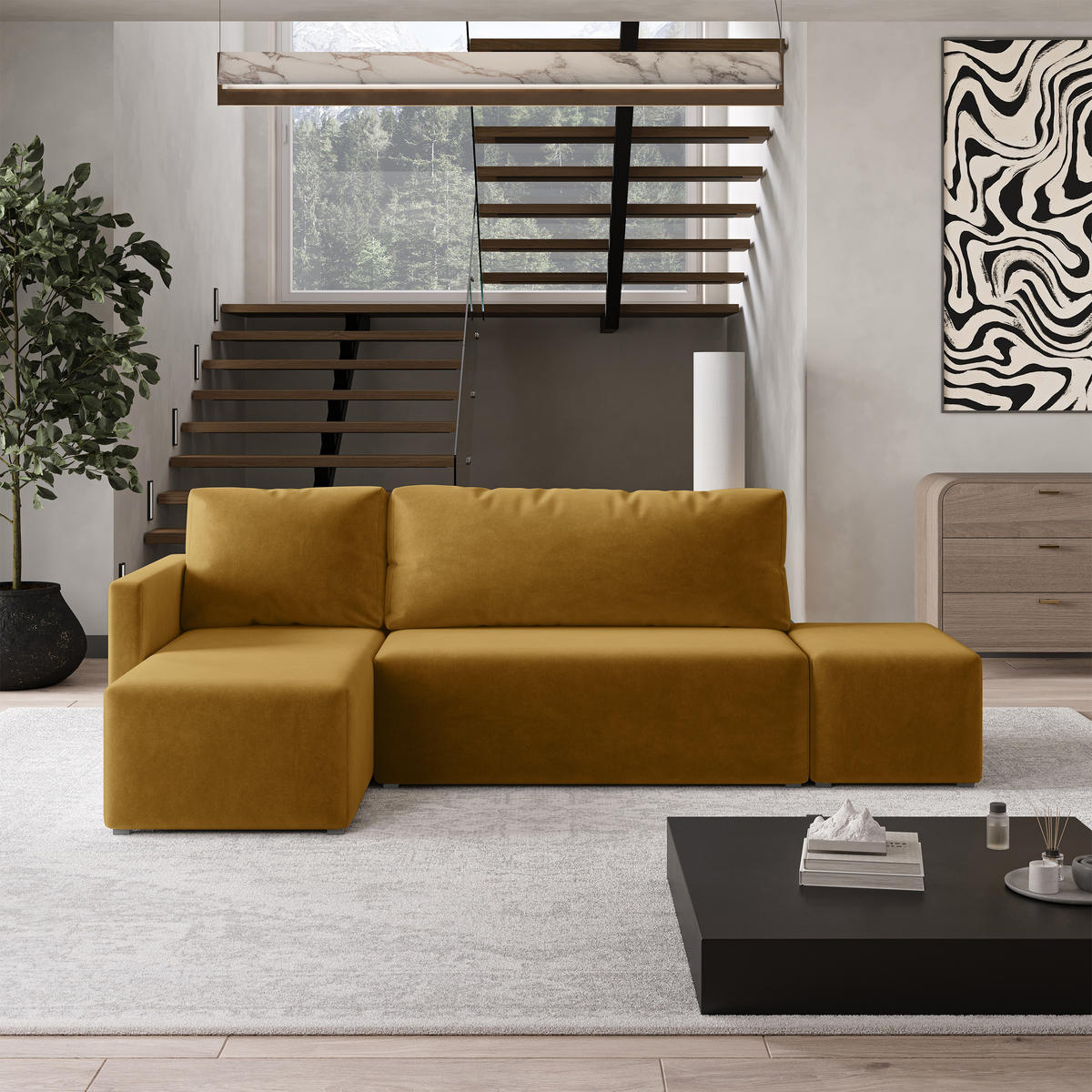 ECKSOFA VELOTTI L-S Gelb Plüsch-Stoff mit Schlaffunktion - Gelb, Holz (261/143cm) - MASSENO