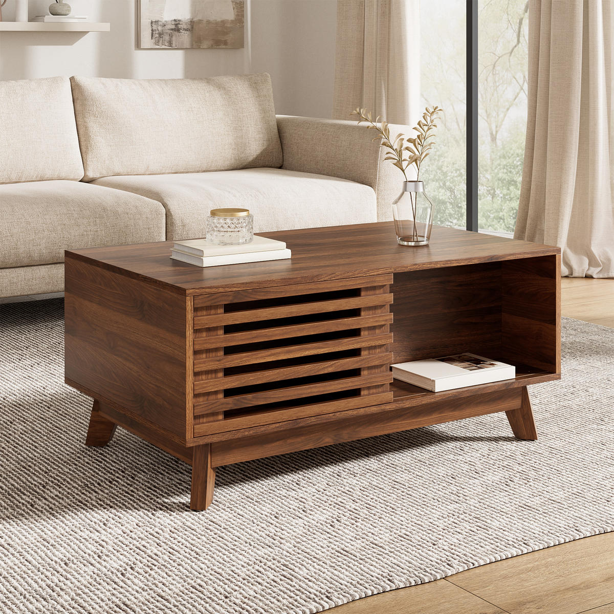 COUCHTISCH in Walnuss-Optik Wohnzimmertisch mit höhenverstellbare Tischplatte, B90/T55/H57,5(cm) - Braun, Holzwerkstoff (55/90/57.5cm) - STILVORA