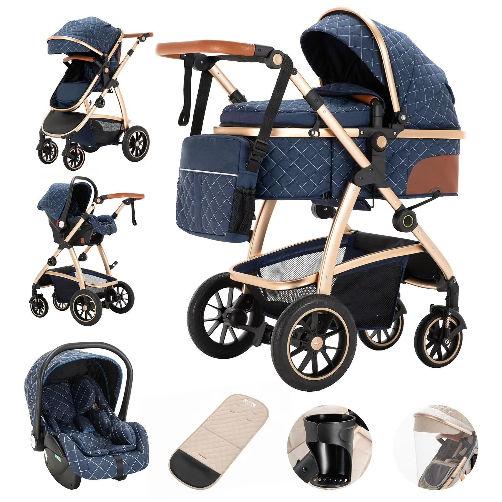 KINDERWAGENSET mit hoher Landschaft, verstellbarer Griff, Moskitonetz, Kinderwagen, Aluminiumrahmen, SK20-BLAU - Blau, Metall (80/60cm) - Kaket