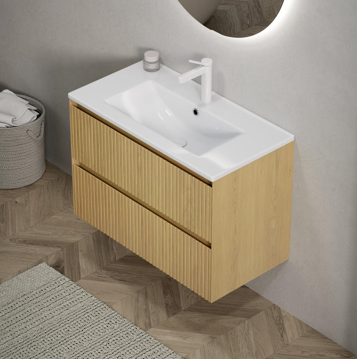 BADEZIMMERSCHRANK 75x39x51.5 cm Goldene Eiche & Weiß aus Keramik mit 2 Schubladen - Eichefarben, Keramik (75/51.5/39cm) - Modfu