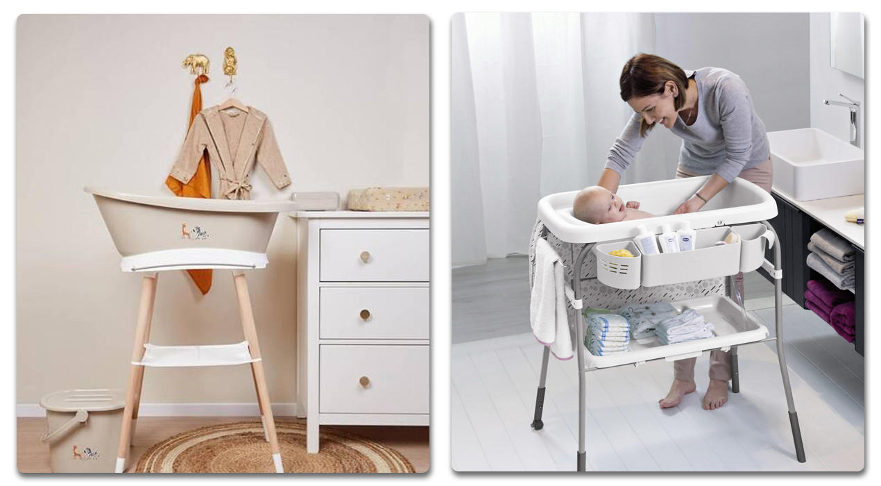 collage von 2 Babybadewanne und frau, wie sie das Baby badet