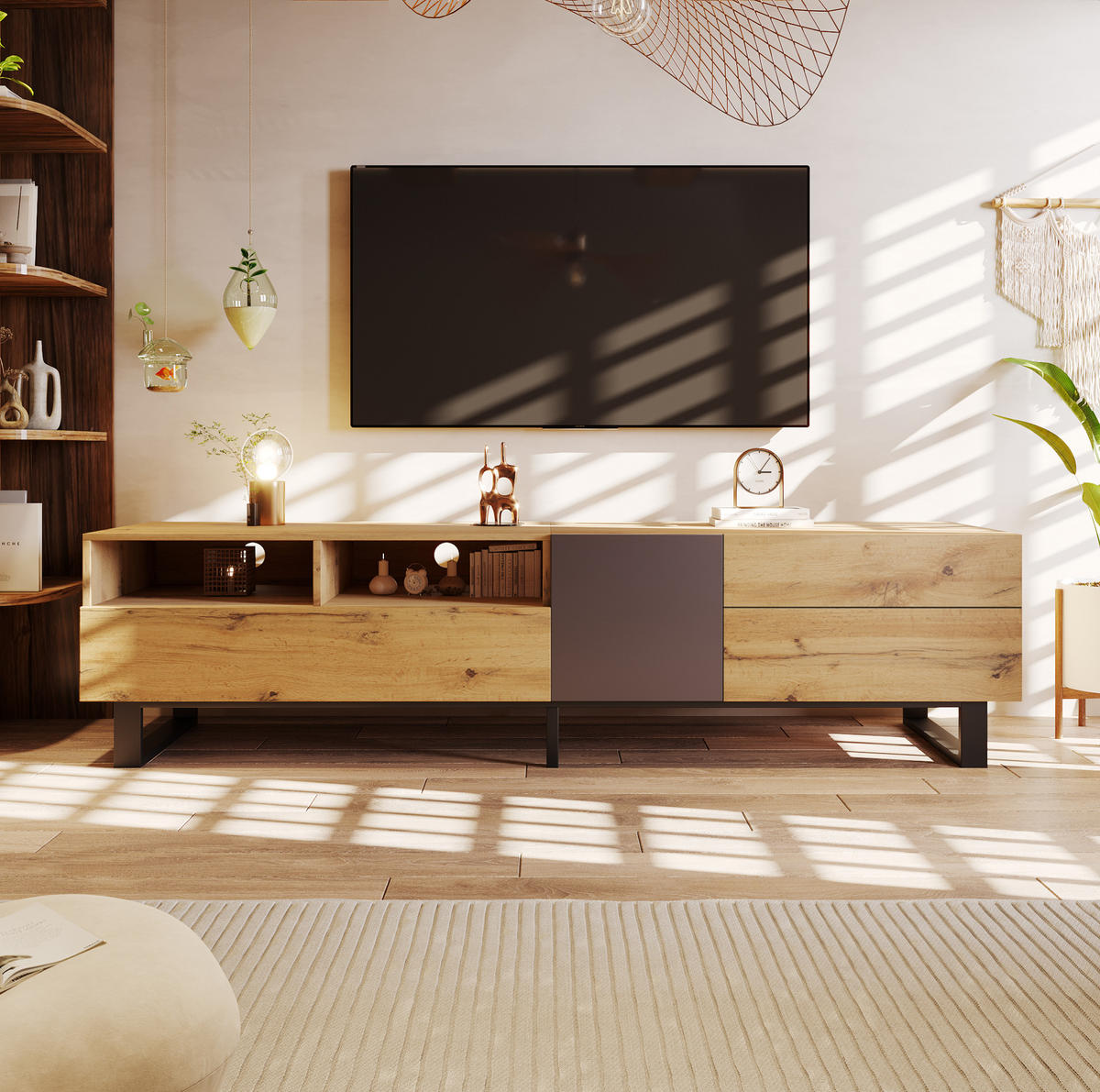 TV-SCHRANK in Eiche und Anthrazit mit Metallfüßen und 2 Schubladen 180/38/50 cm - Eichefarben, Holzwerkstoff (180/50/38cm) - Redom