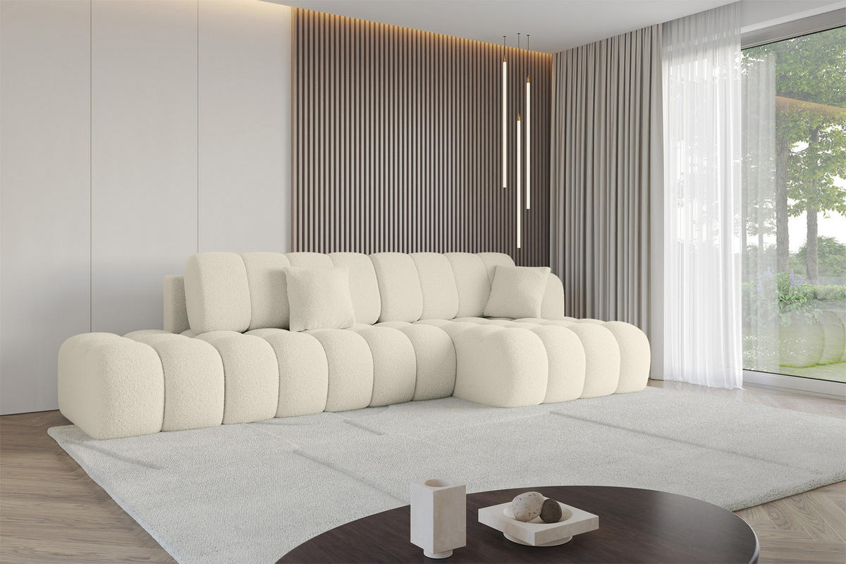 ECKSOFA mit Schlaffunktion Ottomane RECHTS OLEA-L2 321x164x75 Beige Bouclé - Beige/Schwarz, Holzwerkstoff/Kunststoff (164/321cm) - ALTDECOR