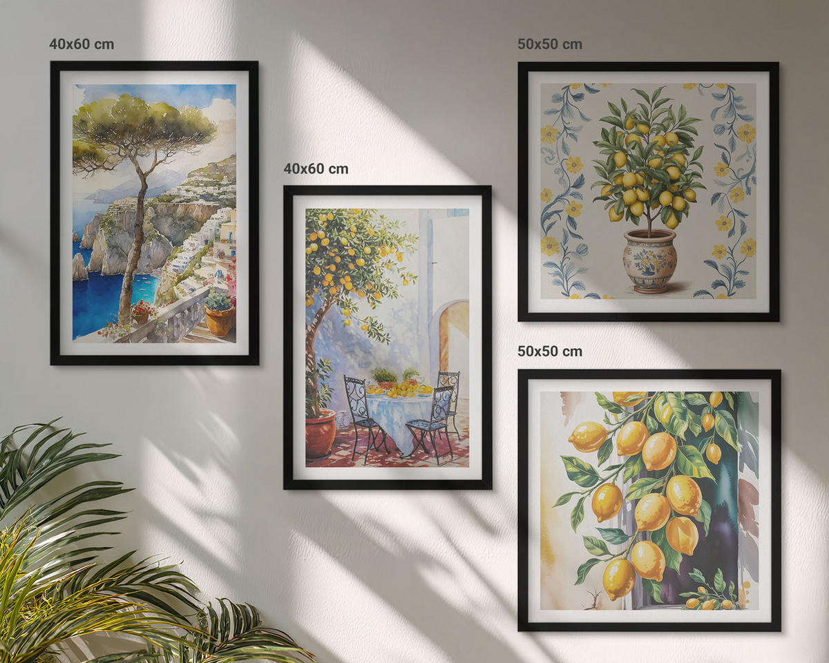 WANDBILDER 4er-Set - 50x50 cm & 40x60 cm Schwarzer Rahmen - Zitronenbäume am Meer - Schwarz, Kunststoff (50/50cm) - ArtPrintCave