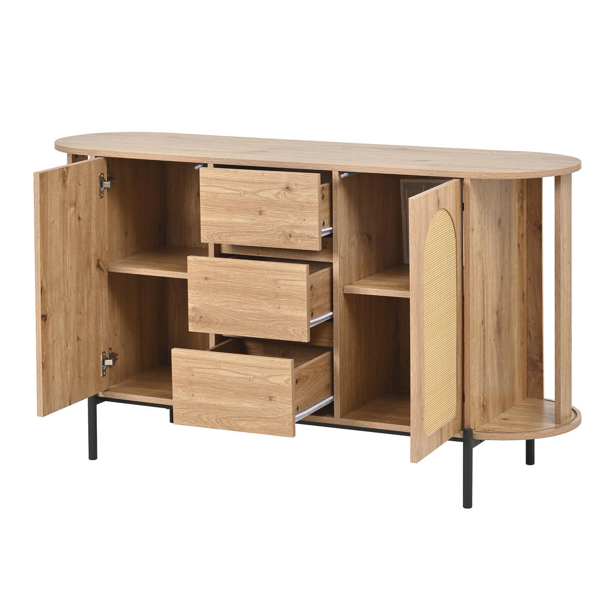 SIDEBOARD in Holzoptik mit Rattan, ovale Form und verstellbaren Fächern - Naturfarben, Holzwerkstoff (140/77.5/38cm) - Urban Meuble