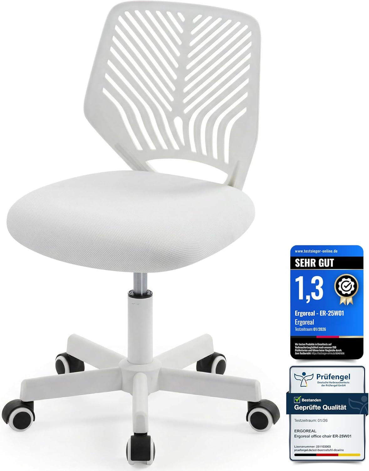 BÜROSTUHL Ergonomischer ohne Armlehne, mit Rollen & Höhenverstellung - Weiß, Metall (55/79/55cm) - Gisaae