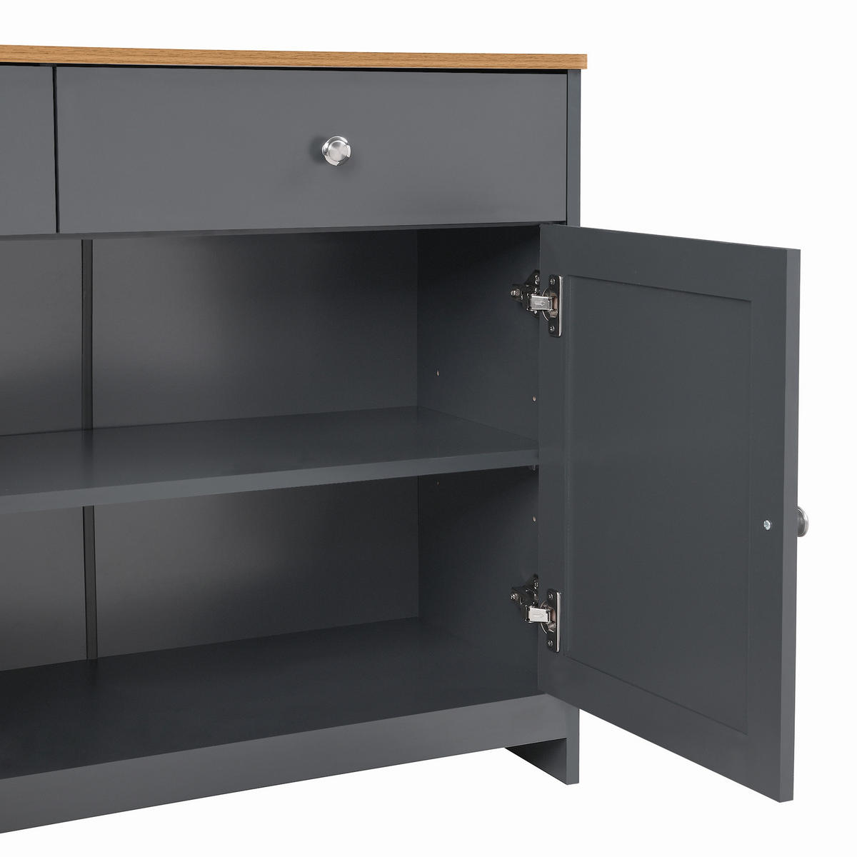 IN Grau Kommode mit Holzmaserung, 4 Türen und 3 Schubladen für Wohnzimmer und Esszimmer, B160/T37/H75cm - Schwarz/Grau, Holzwerkstoff/Metall (160/75/37cm) - STILVORA