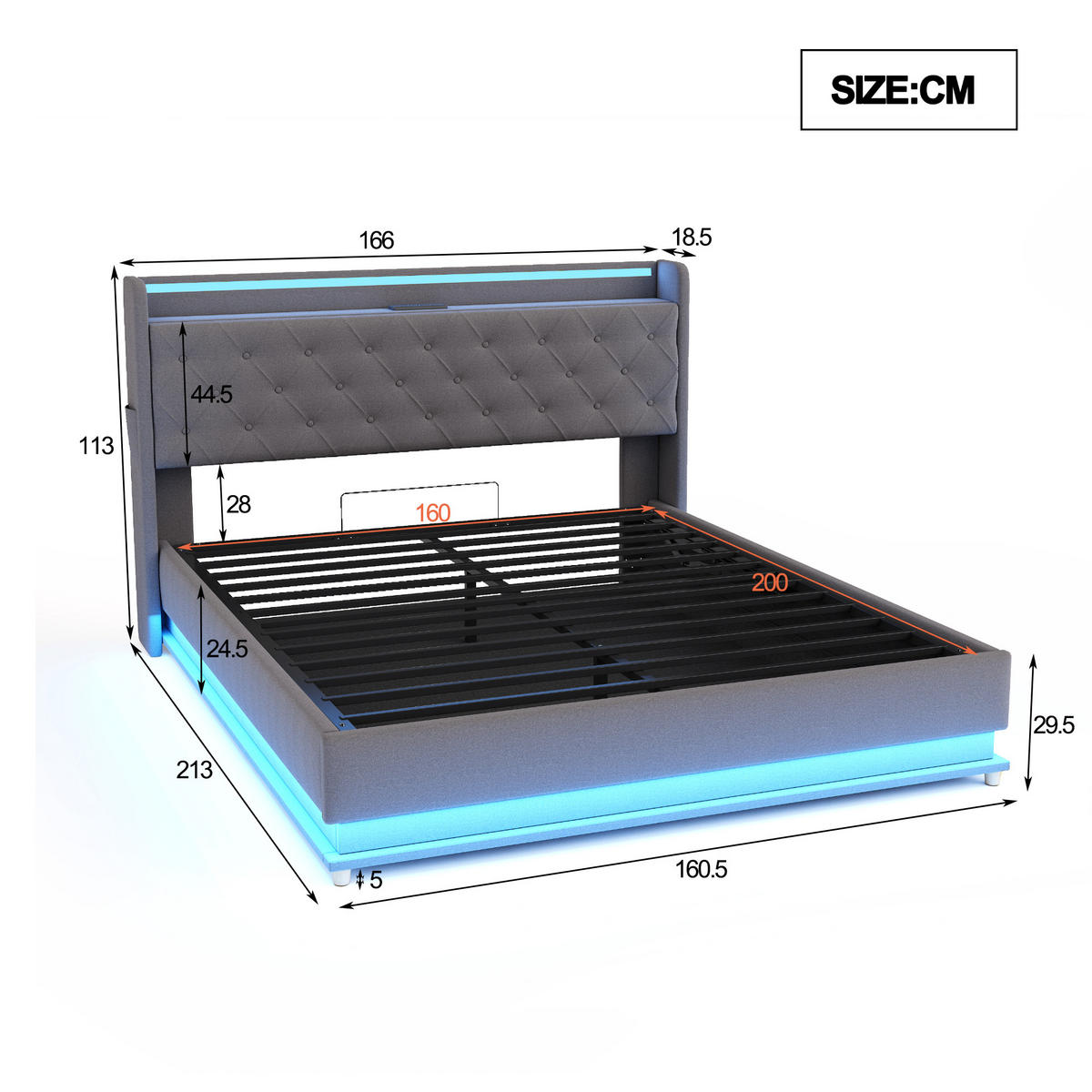 STAURAUMBETT 160/200 cm DE-01797, in Grau, mit LED, USB und hydraulischer Lagerung - Grau, Metall (160/200cm) - ComfortXL