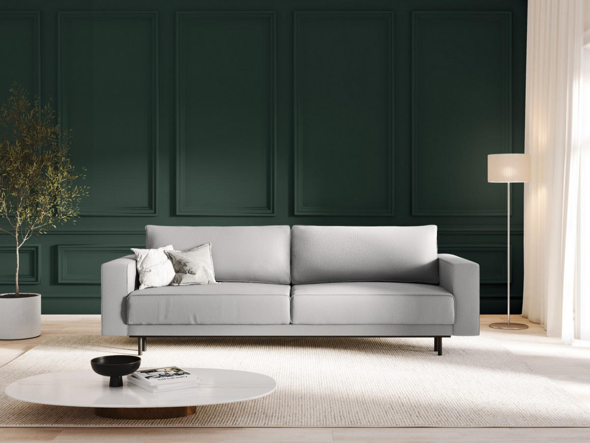 AUSKLAPPBARES-SOFA mit Bettkasten Caro aus strukturiertem Stoff hellgrau 3 Sitzplätze - Hellgrau, Textil (97/93/236cm) - Micadoni