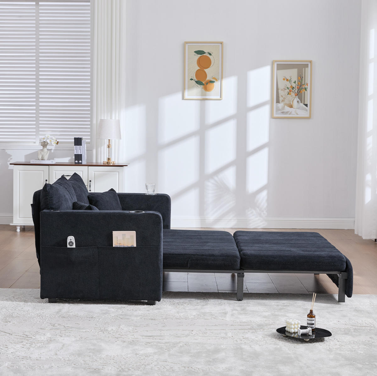 SOFA ausziehbar 139 x 83 x 58 cm Chenille Schwarz - Schwarz, Holzwerkstoff (139/83/73cm) - Meubliv