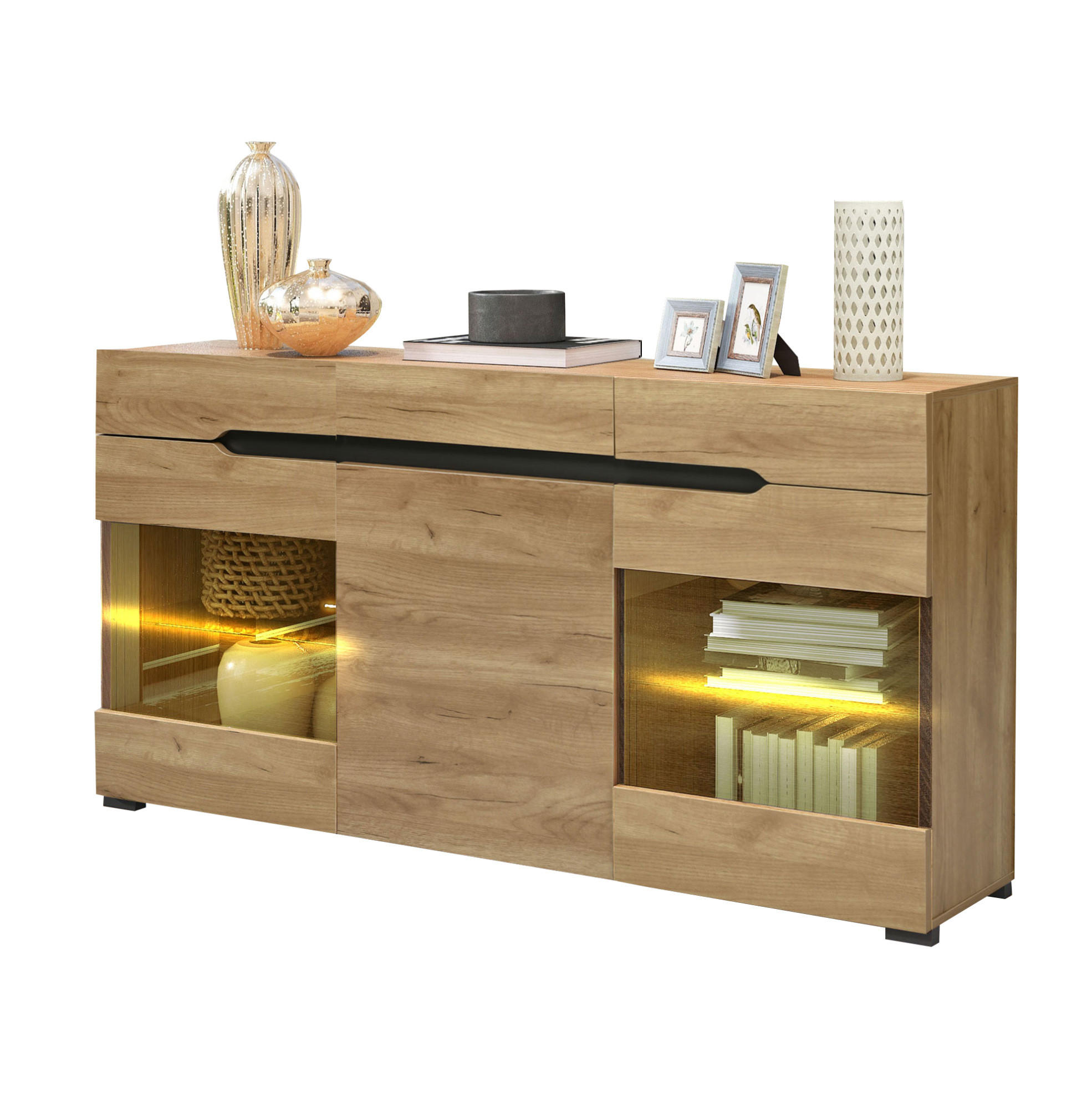 SIDEBOARD 140/35/80 cm s LED osvetlením ovládaným cez aplikáciu, úložným priestorom a priehľadnými akrylovými dvierkami, Dub - prírodná farba, kompozitné drevo (140/80/35cm) - Redom