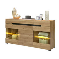 KOMODA 140/35/80 cm z LED osvetlitvijo, 3 vrati in 3 predali, hrastova - naravne barve, leseni material (140/80/35cm) - Redom