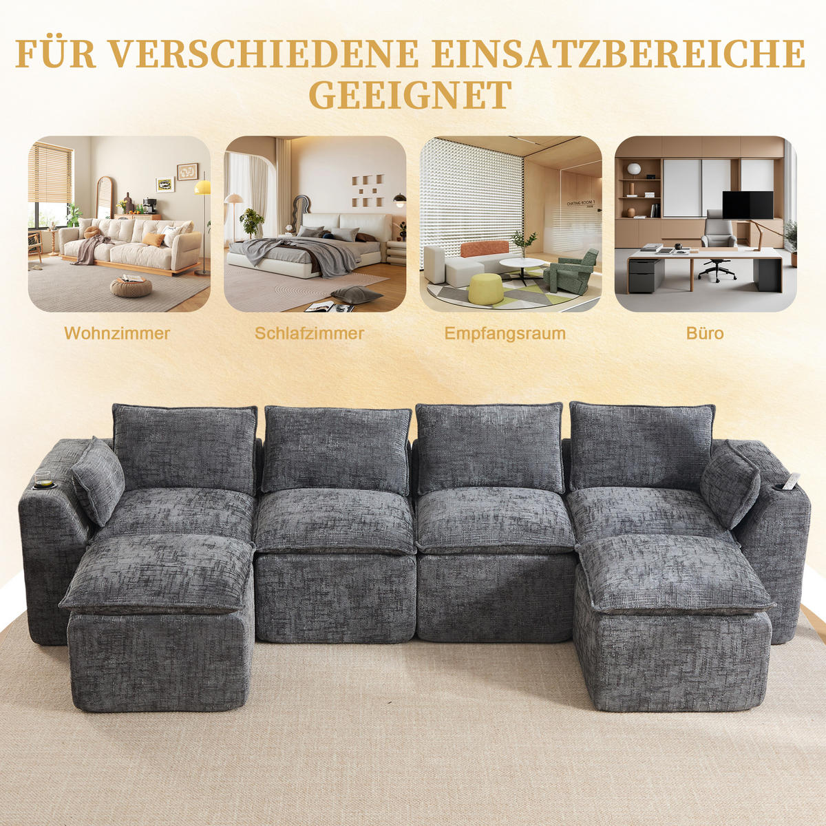 WOHNLANDSCHAFT mit 2 Fußhockern, Getränkehalter und Federkern aus Chenille - Dunkelgrau, Textil (322/75/161cm) - EVRYAE