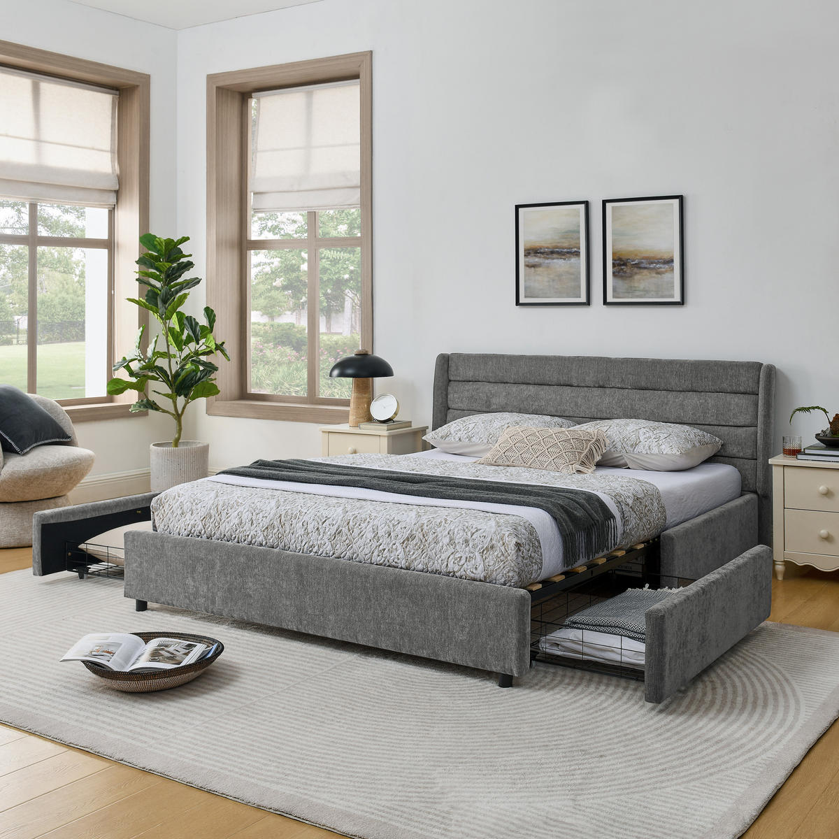 POLSTERBETT 160x200 cm Chenille Schubladen grau - Dunkelgrau, Kunststoff (160/200cm) - LEBENLANG