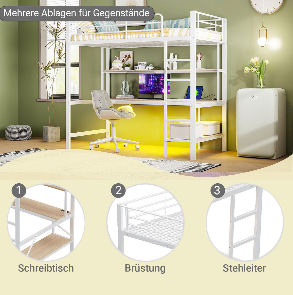 HOCHBETT 90/200 cm in Weiß mit LED-Beleuchtung, Schreibtisch und Regal - Weiß, Metall (90/200cm) - Flora Grace