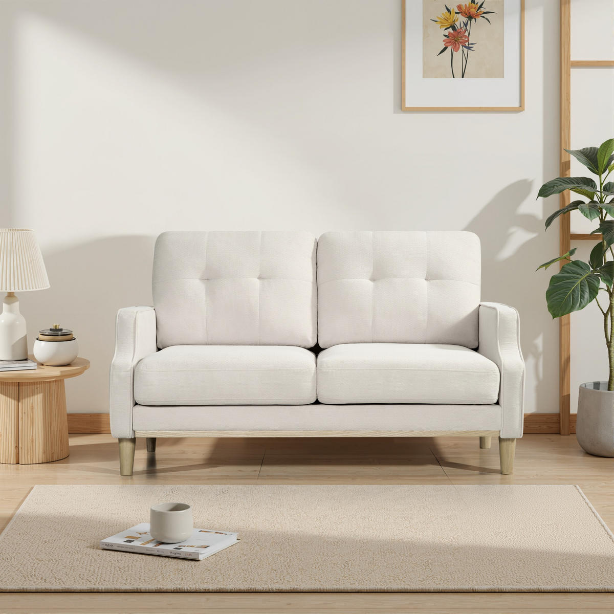 DVOJMIESTNA pohovka z dreva a látky 135x72x85 cm béžová s USB portom a mäkkým prešívaným operadlom - béžová, textil (72/85/135cm) - Modfu